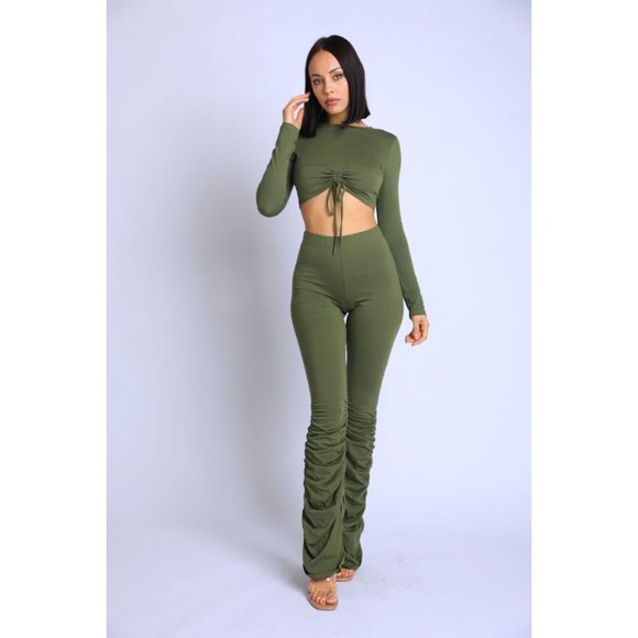 Boutique Tops - Women Stylish Tie Front Long Sleeve Crew Neck Top and Matching Ruched Pants Sets